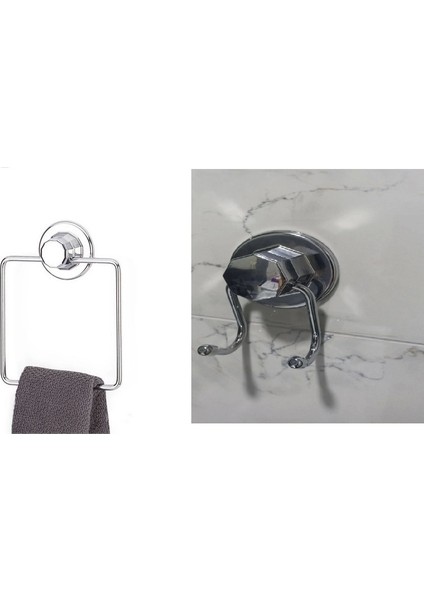 Hem Vakumlu Hem Vidalı Banyo Aksesuarı 2 Li Set Kare Havluluk + Havlu Askısı Krom