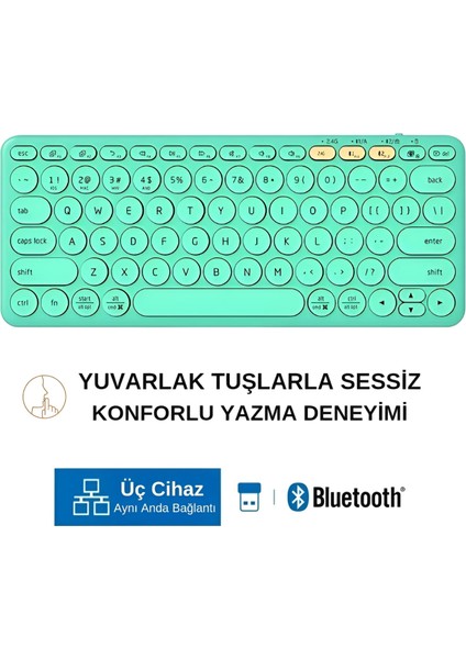 K231 Çift Modlu Kablosuz 2.4ghz & Bluetooth V5.0 Şarj Edilebilir Sessiz Q Klavye Tiffany Mavisi (Ramwhite Türkiye Garantili)