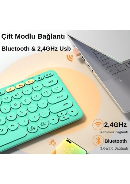 K231 Çift Modlu Kablosuz 2.4ghz & Bluetooth V5.0 Şarj Edilebilir Sessiz Q Klavye Tiffany Mavisi (Ramwhite Türkiye Garantili)