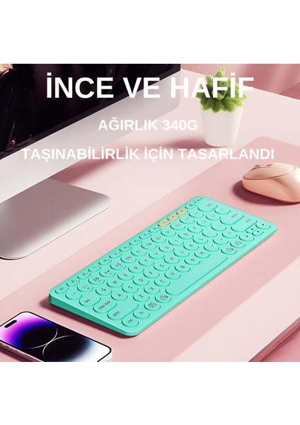 K231 Çift Modlu Kablosuz 2.4ghz & Bluetooth V5.0 Şarj Edilebilir Sessiz Q Klavye Tiffany Mavisi (Ramwhite Türkiye Garantili)