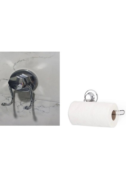 Hem Vakumlu Hem Vidalı Banyo Aksesuarı 2 Li Set Kağıt Havluluk + Havlu Askısı Krom