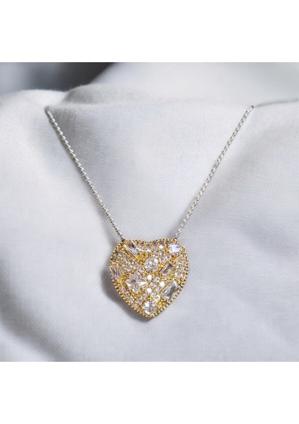 Silver Zincir Gold Taşlı Kalp Çelik Kolye
