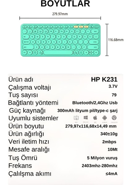 K231 Çift Modlu Kablosuz 2.4ghz & Bluetooth V5.0 Şarj Edilebilir Sessiz Q Klavye Tiffany Mavisi (Ramwhite Türkiye Garantili)