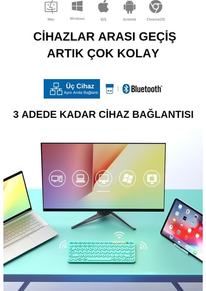 K231 Çift Modlu Kablosuz 2.4ghz & Bluetooth V5.0 Şarj Edilebilir Sessiz Q Klavye Tiffany Mavisi (Ramwhite Türkiye Garantili)