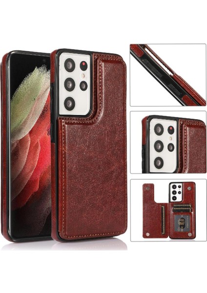 Kart ile Samsung Galaxy S21 Ultra Çift Manyetik Toka Için Cüzdan Kılıf (Yurt Dışından)