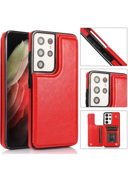 Kart ile Samsung Galaxy S21 Ultra Çift Manyetik Toka Için Cüzdan Kılıf (Yurt Dışından)