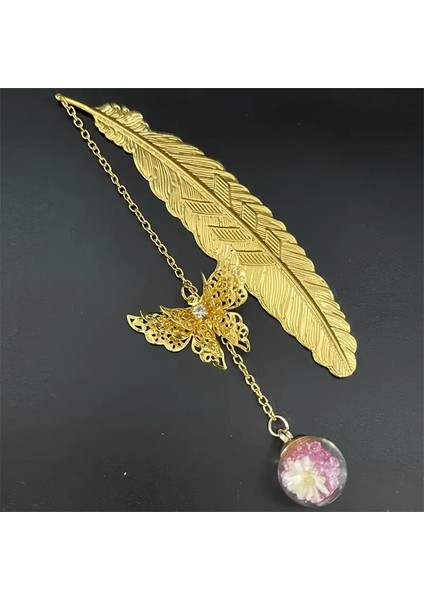 Gold Kelebek Metal Tüy Pembe Detaylı Bookmark Kitap Ayracı