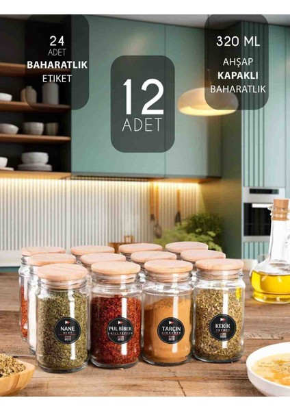 12 Adet Ahşap Kapaklı Etiketli 320 ml Cam Baharatlık