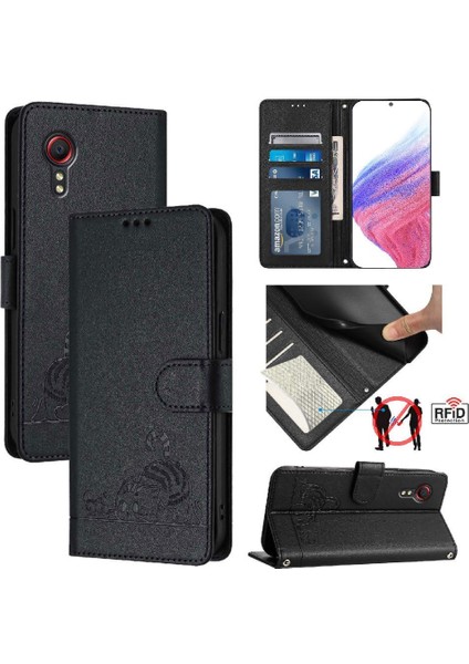 Samsung Galaxy Xcover 5 Kedi Rfıd Cüzdan Kapak Çevirin Kart Yuvası (Yurt Dışından)