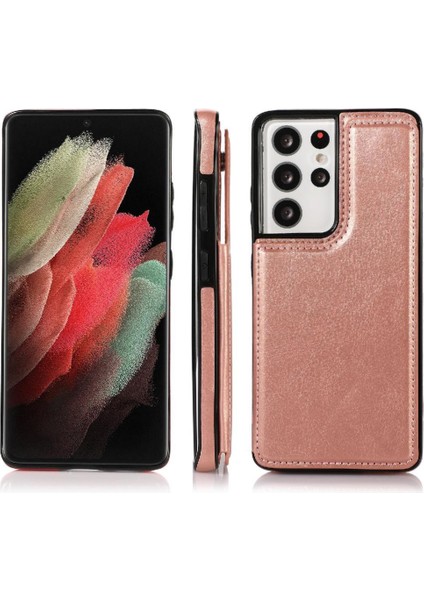 Kart ile Samsung Galaxy S21 Ultra Çift Manyetik Toka Için Cüzdan Kılıf (Yurt Dışından)