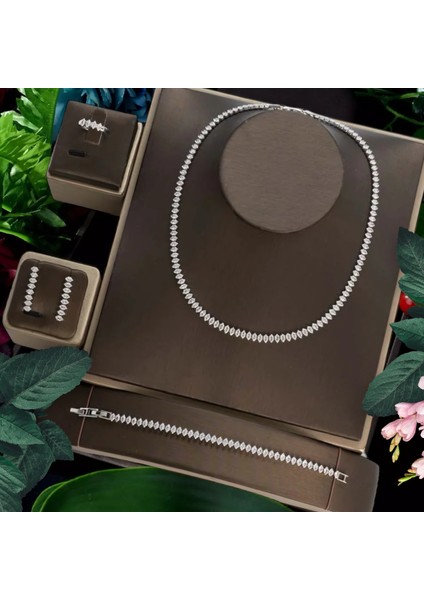 Rose Zirkon Taşlı Takı Seti Kolye Küpe Yüzük Bileklik Hediye Set
