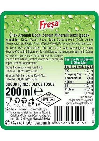 Çilek Aromalı Maden Suyu 200 ml x 6 Adet