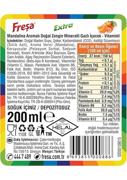 Extra Mandalina Aromalı Maden Suyu 200 ml x 24 Adet