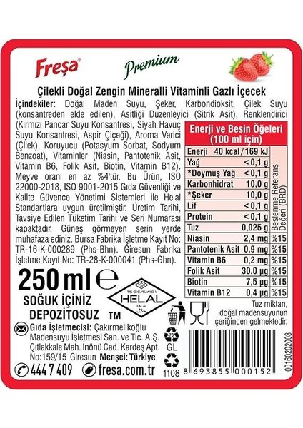 Premium Çilekli Vitaminli Maden Suyu 250 ml x 24 Adet