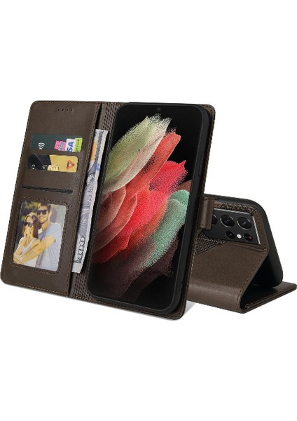 Samsung Galaxy S21 Ultra Premium Deri Kickstand Üç Için Flip Case (Yurt Dışından)