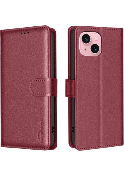 IPhone 15 Için Flip Case Artı Cüzdan Manyetik Rfıd Engelleme Kart Tutucu Pu (Yurt Dışından)
