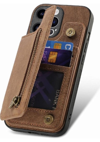 IPhone 15 Için Kılıf Pro Vintage Fermuar Cüzdan Standı Fonksiyonu Katlanabilir Geri (Yurt Dışından)