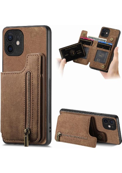 IPhone 12 Için Kılıf Katlanabilir Arka Kapak Vintage Fermuar Cüzdan Standı Fonksiyonu (Yurt Dışından)