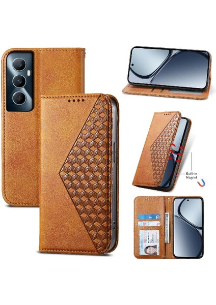Realme C65 Eşkenar Dörtgen Şekli Günlük Kullanım Için Flip Case El Kayışı Standı Cüzdan (Yurt Dışından) modelleri