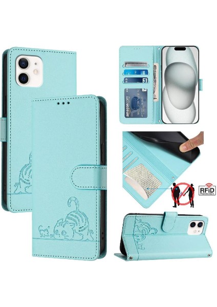 IPhone 12 Mini Kedi Rfıd Cüzdan Kapak Çevirin Kart Yuvası Tutucu (Yurt Dışından)
