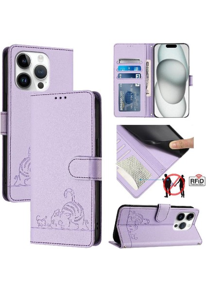 IPhone 14 Için Kılıf Pro Kedi Rfıd Cüzdan Kapak Çevirin Kart Yuvası Tutucu (Yurt Dışından)