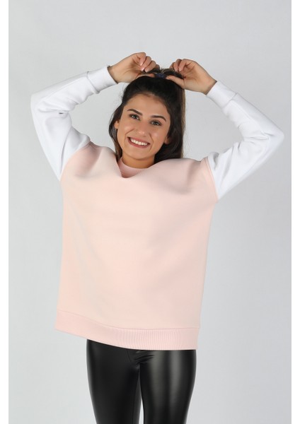 Kadın Kolları Renkli Sweatshirt Pembe