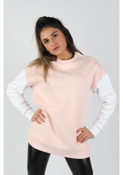 Kadın Kolları Renkli Sweatshirt Pembe