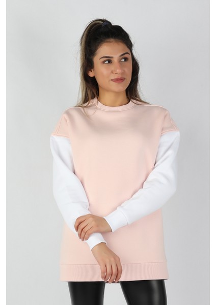 Kadın Kolları Renkli Sweatshirt Pembe