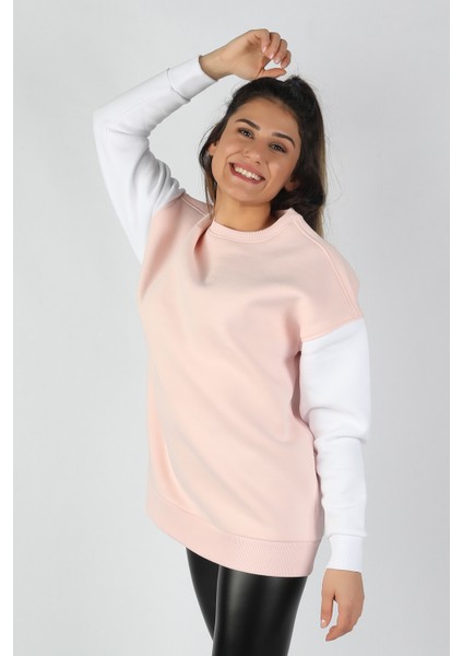 Kadın Kolları Renkli Sweatshirt Pembe