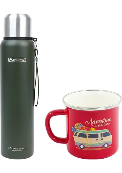 Çelik Termos 1 Lt Yeşil OUT-5050+EMAYE Karavan 330 ml Kupa OUT-1900 Kırmızı ORC-068-B-K3