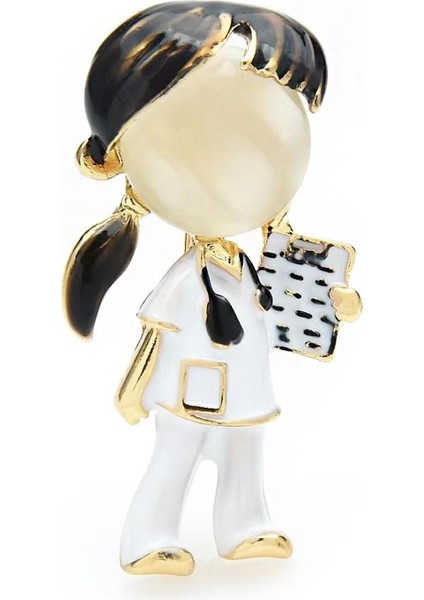 Esmer Kız Doktor Hemşire Modelli Mineli Yaka Iğnesi Broş