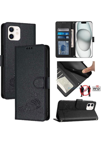 IPhone 12 Mini Kedi Rfıd Cüzdan Kapak Çevirin Kart Yuvası Tutucu (Yurt Dışından)