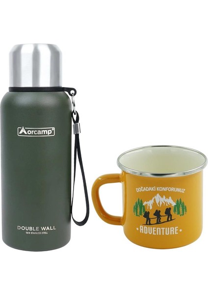 Çelik Termos 0.50 Lt Yeşil OUT-5000+EMAYE Adventure 330 ml Kupa OUT-1900 Sarı ORC-066-B-S1