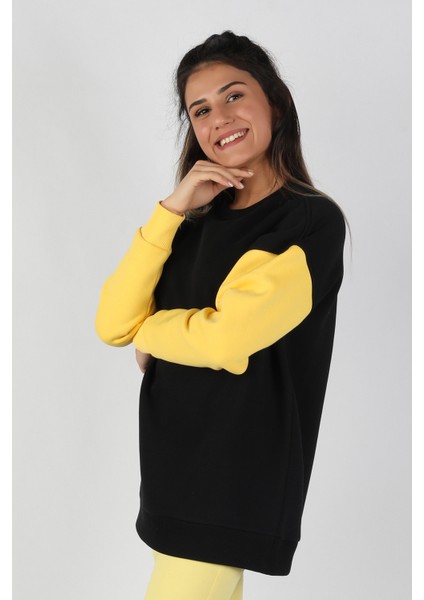 Kadın Kolları Renkli Sweatshirt Siyah