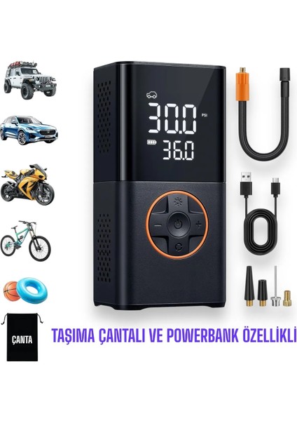 Yeni Model Auhma 3600 Mah Şarjlı Hava Pompası Araç Lastik, Bisiklet, Top Şişirme Oto Hava Kompresörü