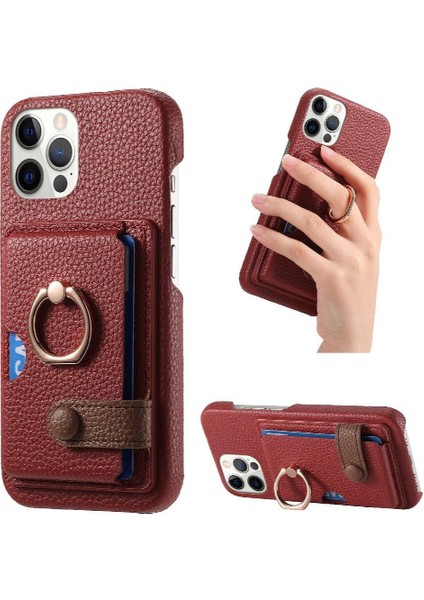 IPhone 12 Için Kılıf Pro Max Halka Standı Premium Dokulu Deri Kart Yuvaları (Yurt Dışından)