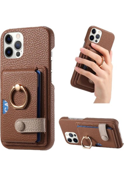 IPhone 12 Için Kılıf Pro Max Halka Standı Premium Dokulu Deri Kart Yuvaları (Yurt Dışından)
