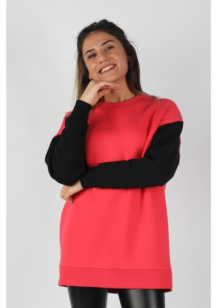 Kadın Kolları Renkli Sweatshirt Nar
