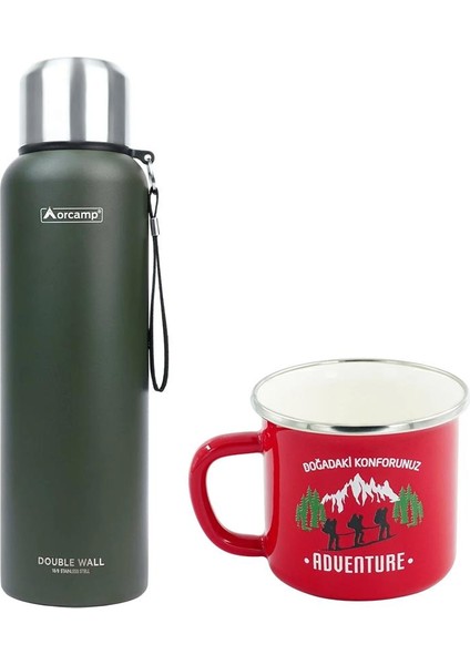 Çelik Termos 1,5 Lt Yeşil OUT-5100+EMAYE Adventure 330 ml Kupa OUT-1900 Kırmızı ORC-069-B-K1