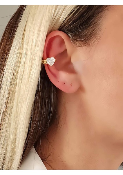 Kalp Model Zirkon Taşlı Model Gold Renkli Kıkırdak Sıkıştırmalı Küpe Earcuff