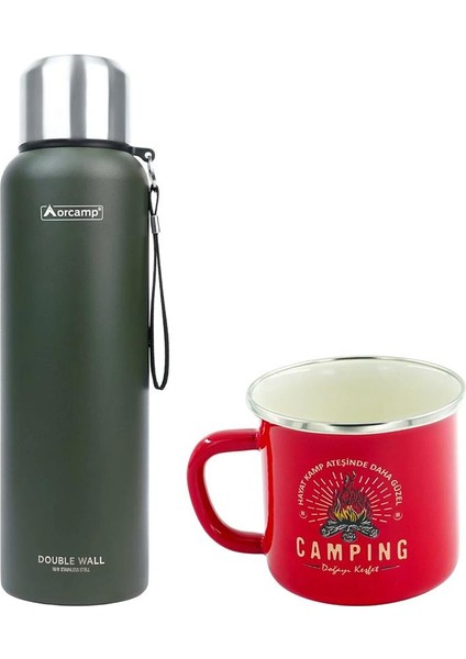Çelik Termos 1,5 Lt Yeşil OUT-5100+EMAYE Camping 330 ml Kupa OUT-1900 Kırmızı ORC-069-B-K2