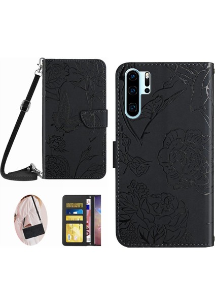 Kart ve Pu ile Huawei P30 Pro Telefon Kılıfı Kelebekler ve Çiçekler Için Kılıf (Yurt Dışından)