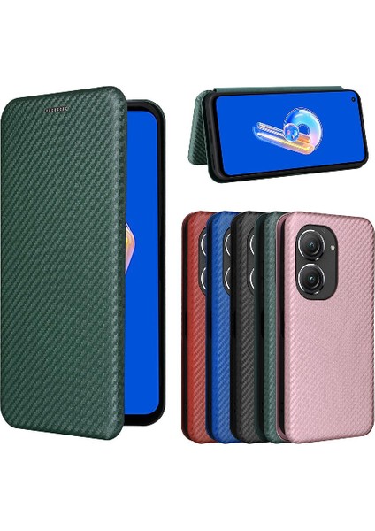 Asus Zenfone 9 Için Kılıf Deri Folio Flip Case Manyetik Karbon Fiber (Yurt Dışından)