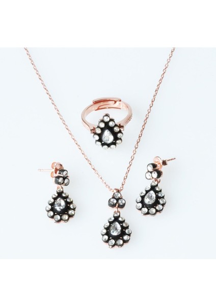 Elmas Montür Zirkon Taşlı Damla Model Rose Gold Kaplama Gümüş Set indirimleri