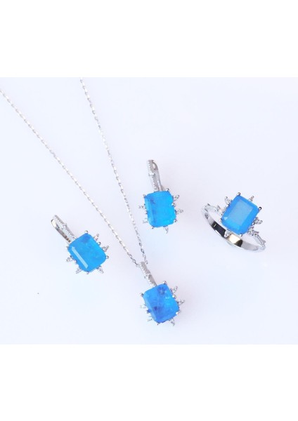 Mavi Paraiba Taşlı Kare Lotus Çiçeği Gümüş Set