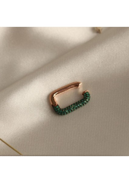 Dikdörtgen Yeşil Zirkon Taşlı Rose Gold Kaplama Gümüş Kıkırdak Küpe modelleri