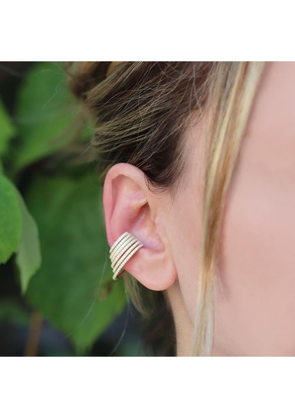 Ear Cuff Zirkon Taşlı Gold Kaplama Gümüş Kıkırdak Küpe