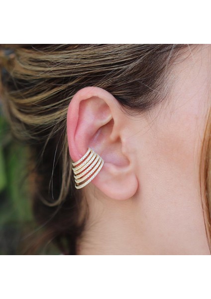 Ear Cuff Zirkon Taşlı Gold Kaplama Gümüş Kıkırdak Küpe