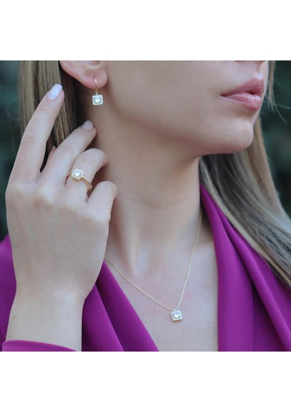 Zirkon Taşlı Kare Montür Gold Kaplama Takım