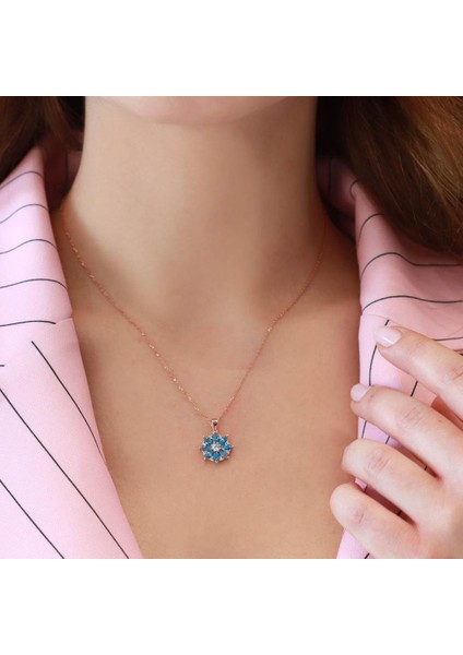Mavi Zirkon Mini Kamelya Çiçeği Rose Gold Kaplama Gümüş Kolye